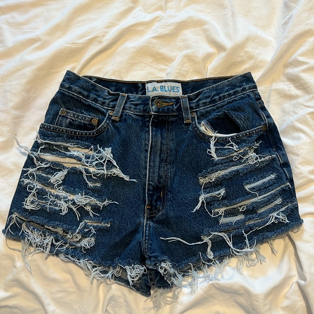 Distressed denim jean shorts